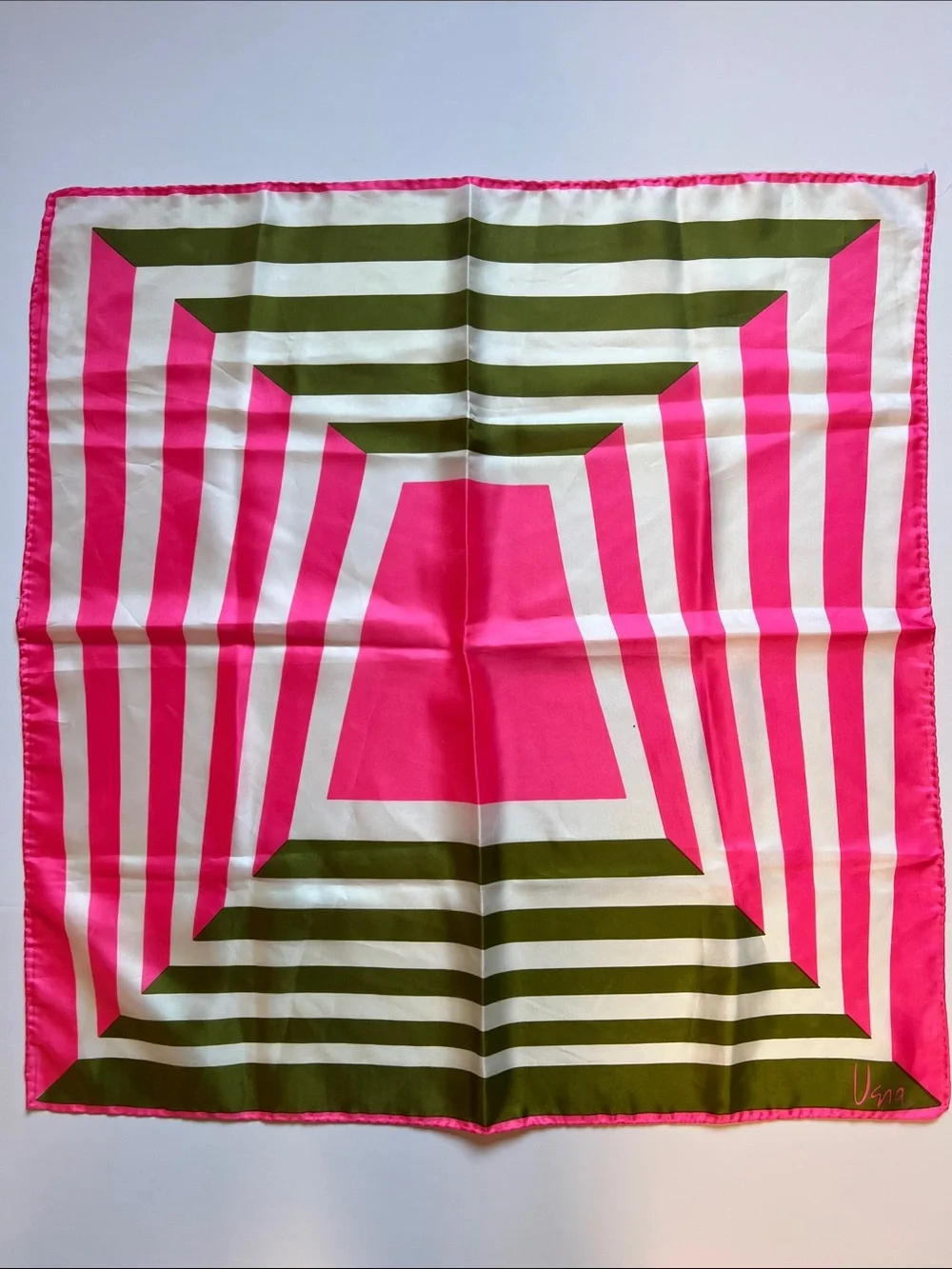Vintage Vera Neumann scarf pink green & white geometric design 23” square
